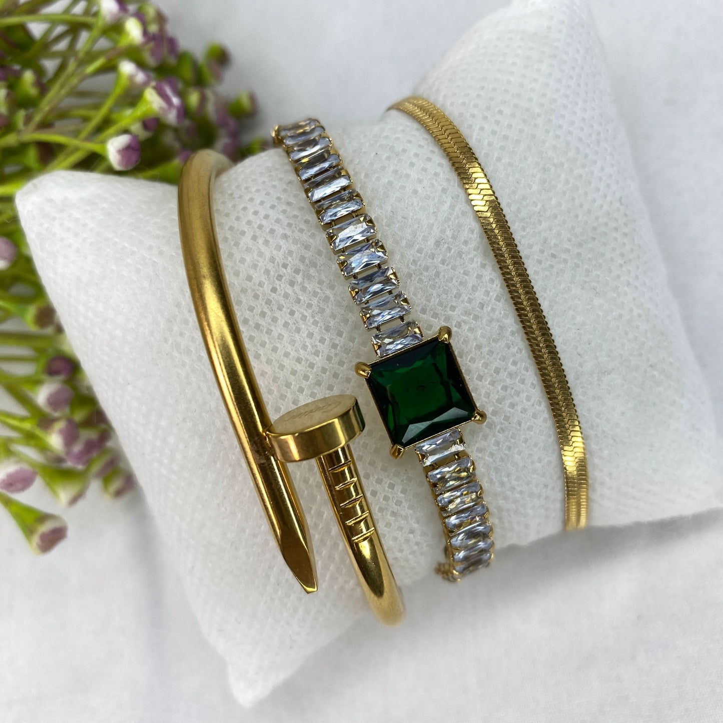 3 Bracelets (Snake + Emerald Tennis + Screw Nail)