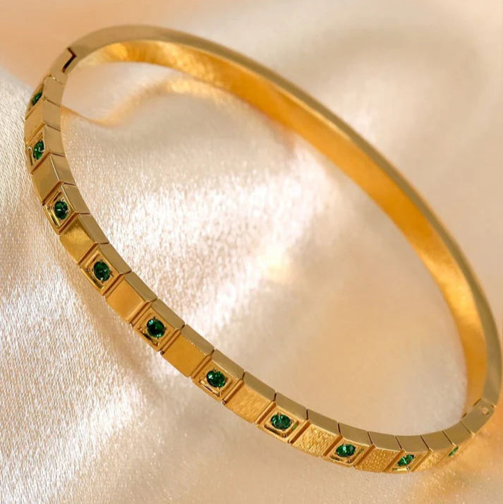 Green Cubic Zirconia Bangle - Stainless Steel