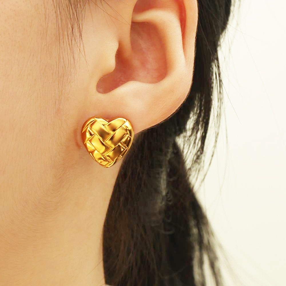 Gold Quilted Heart Stud Earrings - Stainless Steel