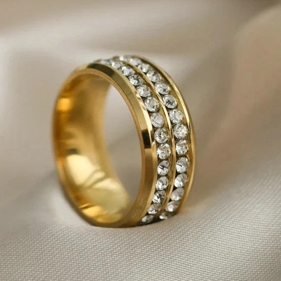 Double Row Diamond Band Ring - Stainless Steel