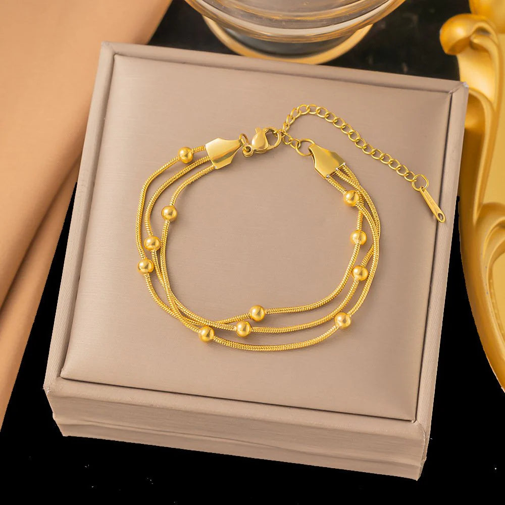 Three Layer Beaded Chain Bracelet - Stainless Steel