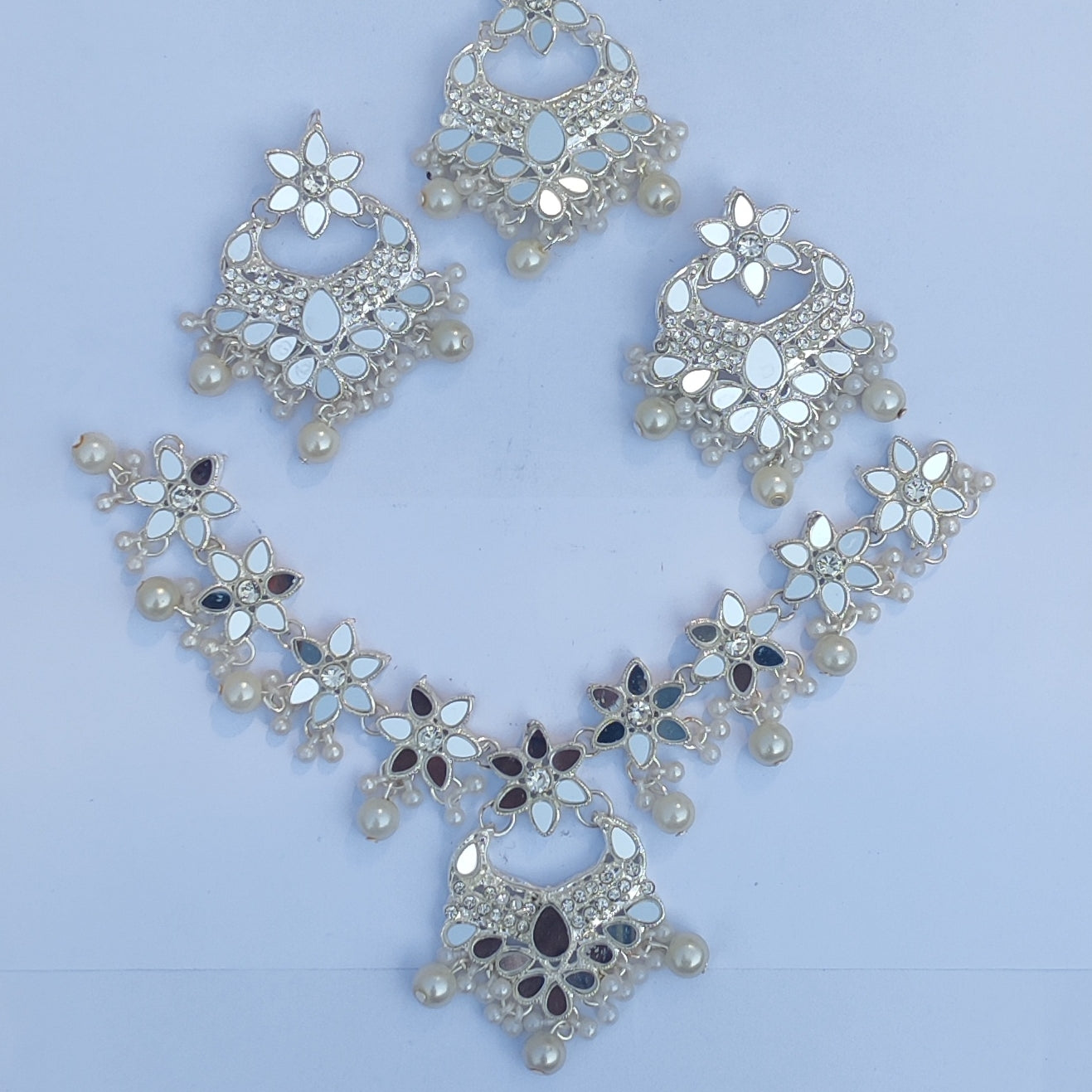 White Mirror Flower Set (Necklace + Earrings + Head Ornament) - Cultural Handmade