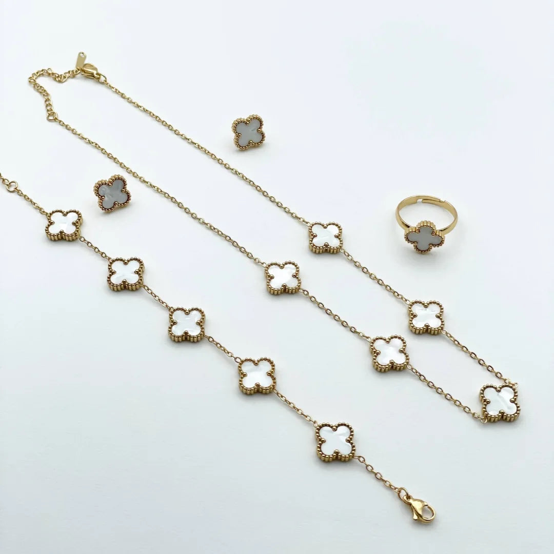 Complete White Set Clover (Chain Bracelet + Necklace + Ring + Tops)