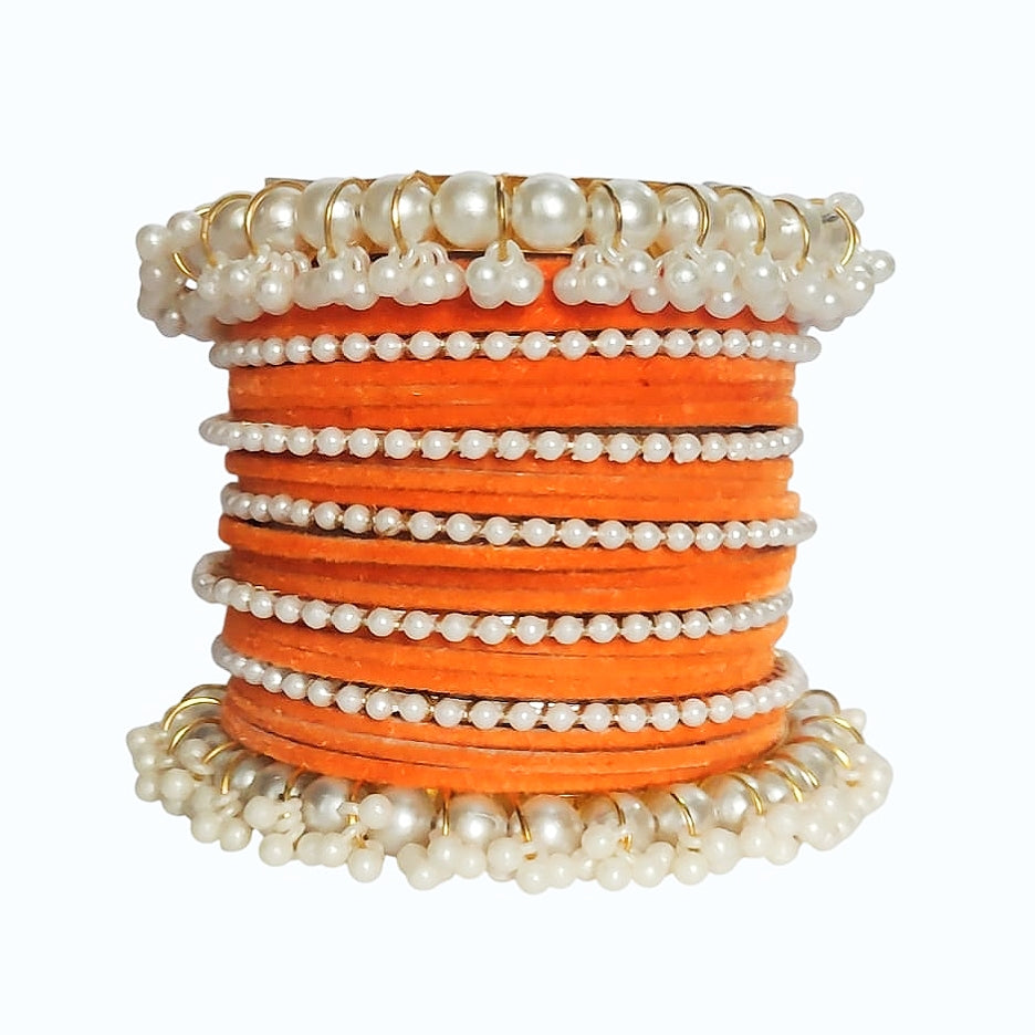 Orange Velvet Pearl Gajra Bangle - Metal