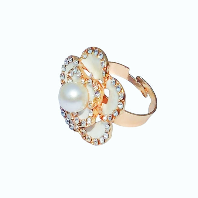 White Rose Pearl Adjustable Ring - Stainless Steel