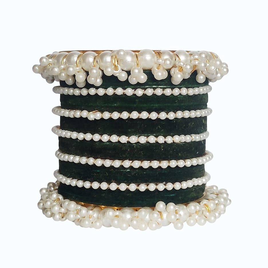 Deep Green Velvet Pearl Gajra Bangle - Metal