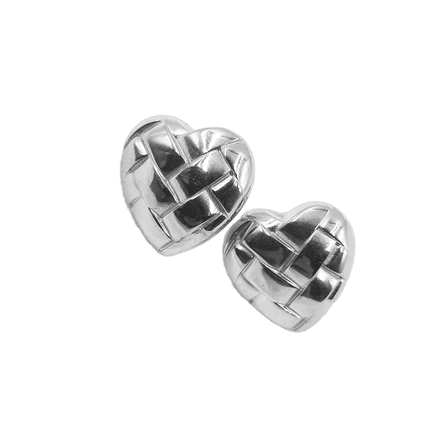 Gold Quilted Heart Stud Earrings - Stainless Steel