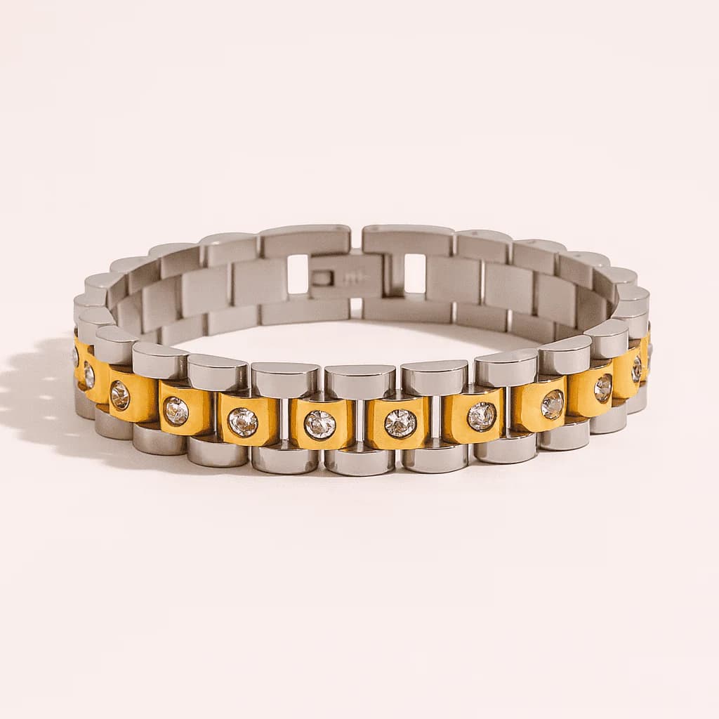 Rolex Gold Silver Stone Bracelet - Stainless Steel
