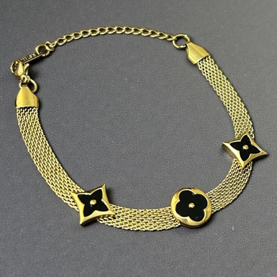 Three Shape Black Flower Mesh Bracelet - Stainless Steel