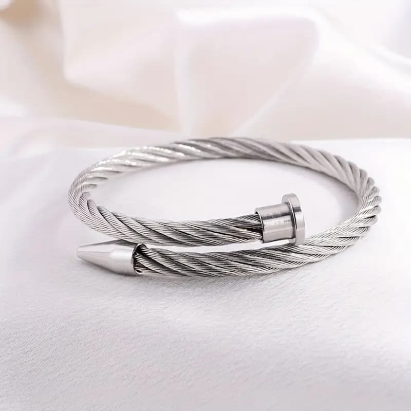 Silver Threaded Nail Bracelet - Stainless Steel