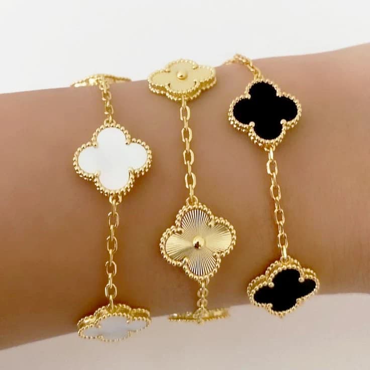 3 Clover Bracelets (Black + White + Golden) - Stainless Steel