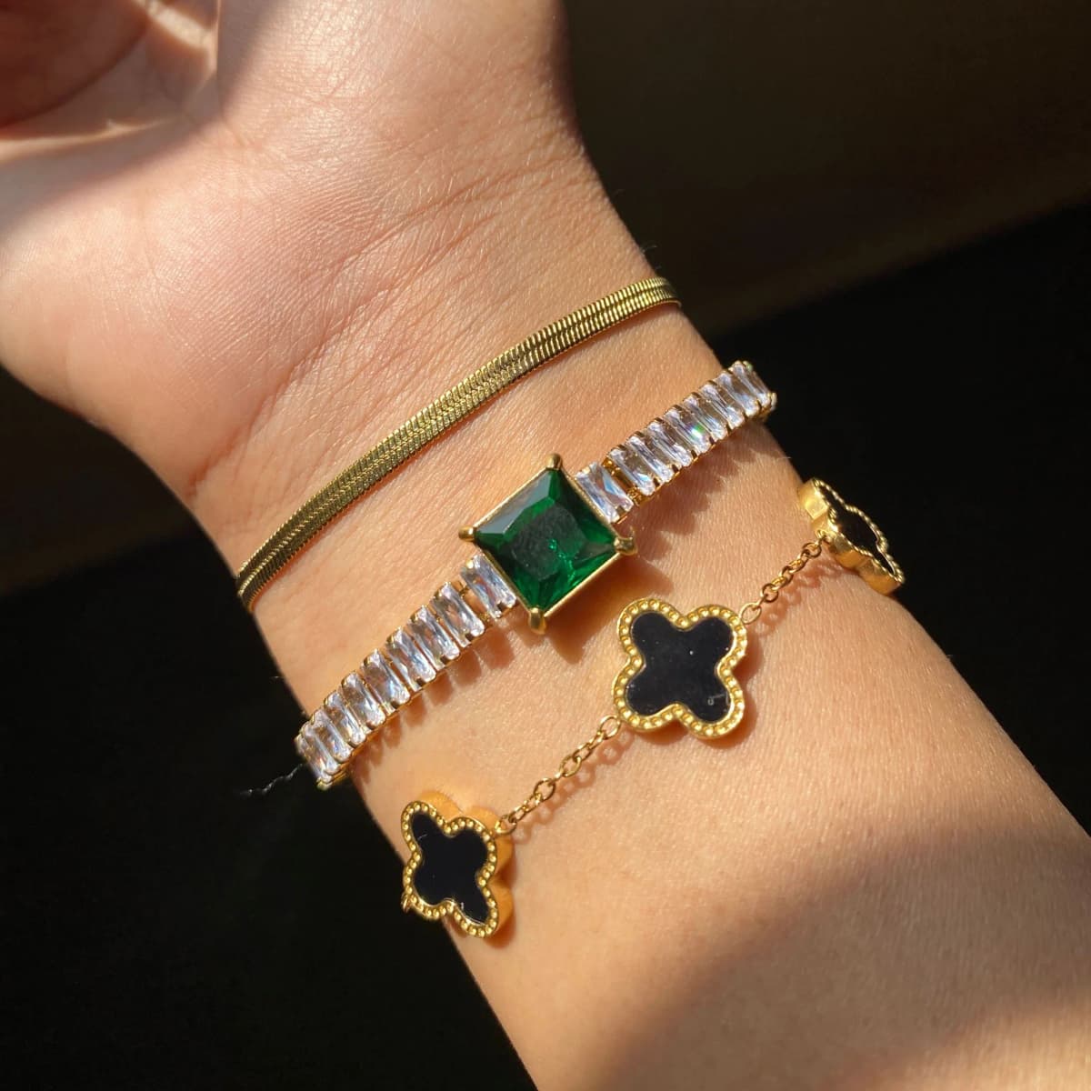 3 Bracelets (Snake + Emerald Tennis + Clover)