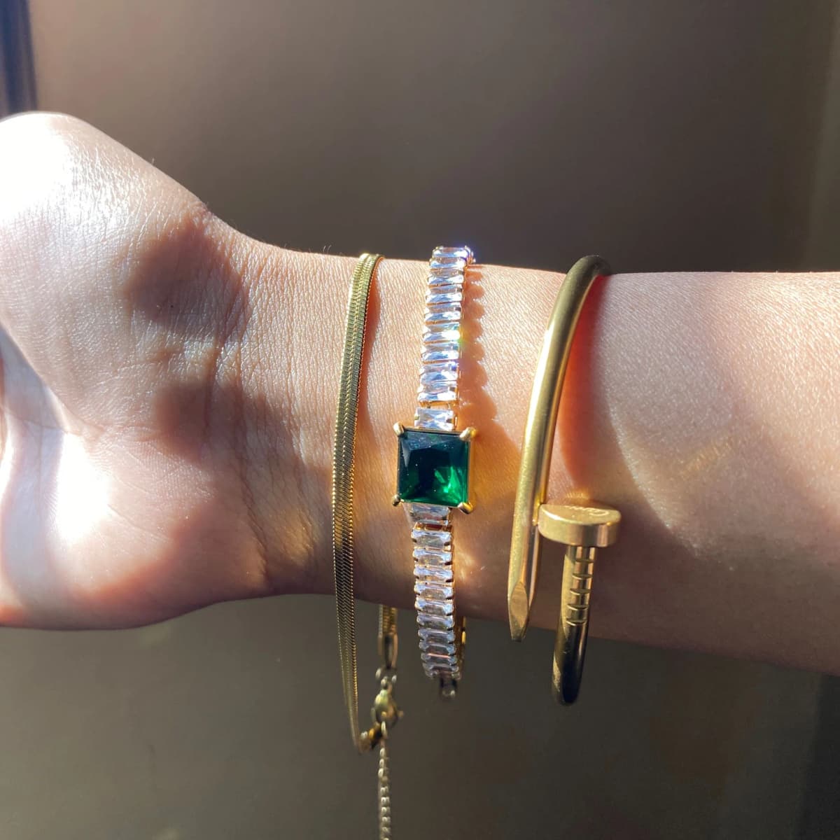 3 Bracelets (Snake + Emerald Tennis + Screw Nail) - Stainless Steel