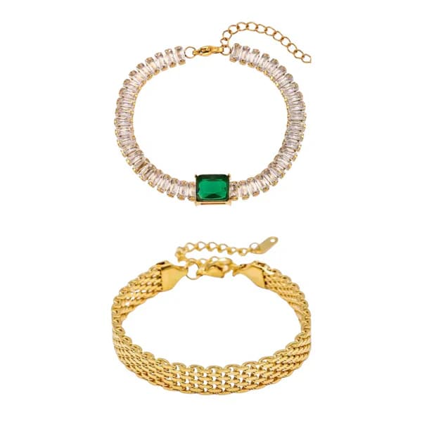2 Bracelets (Emerald Tennis + Rowena) - Stainless Steel