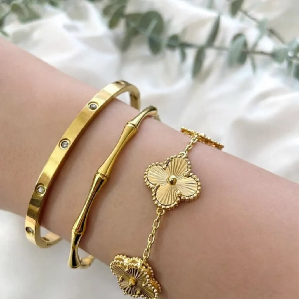 3 Bracelets (One Gap Stone + Bamboo + Clover) - Stainless Steel