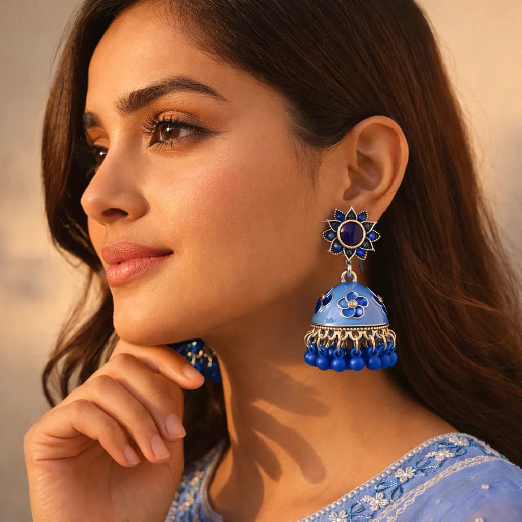 Blue Flower Jhumka - China Gold