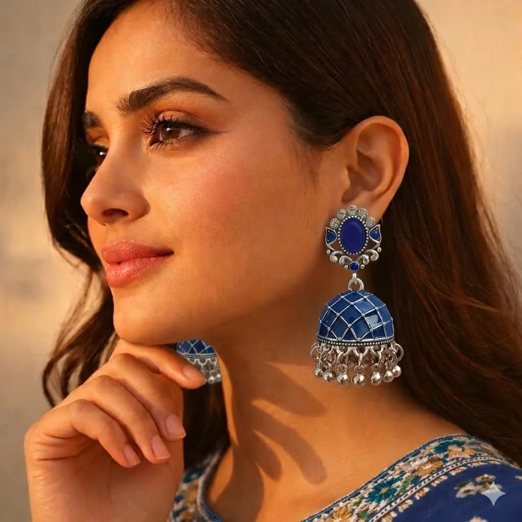 Dark Blue Meenakari Jhumka - China Gold