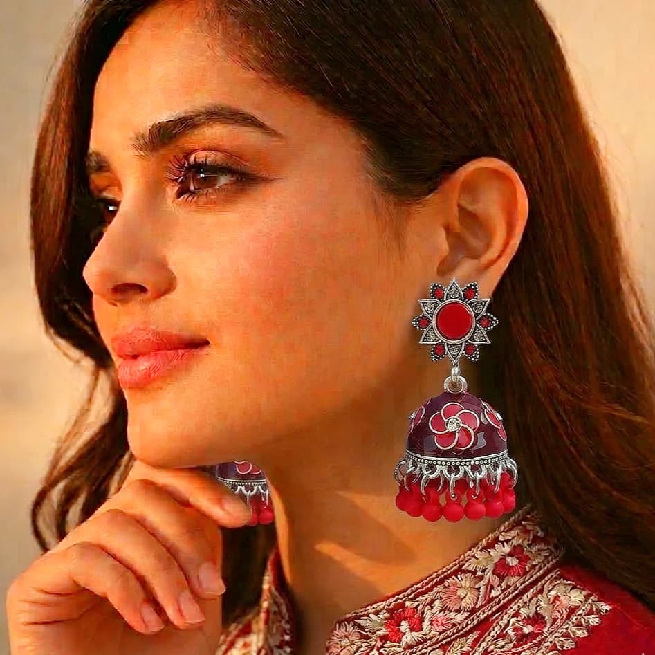Black Red Meenakari Jhumka - China Gold
