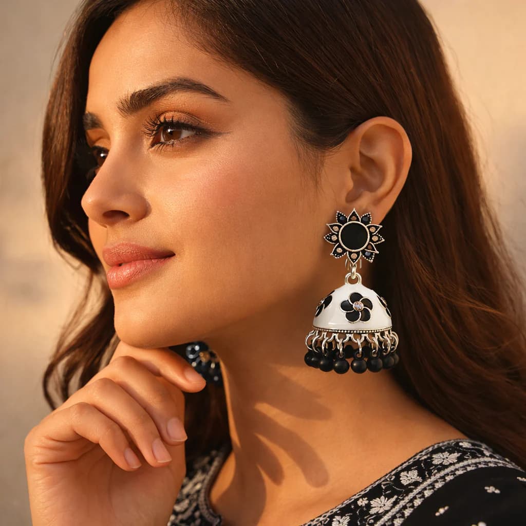 Black White Meenakari Jhumka - China Gold