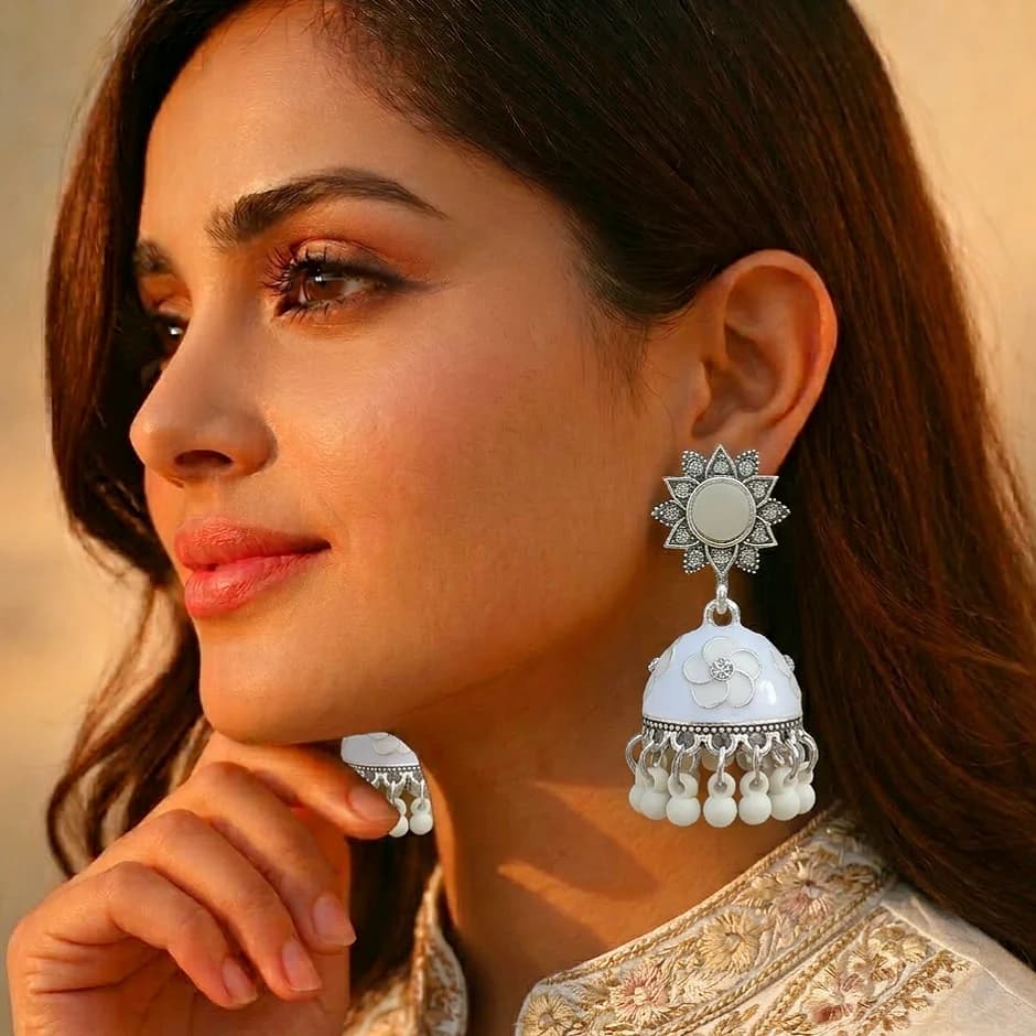 Cream White Meenakari Jhumka - China Gold