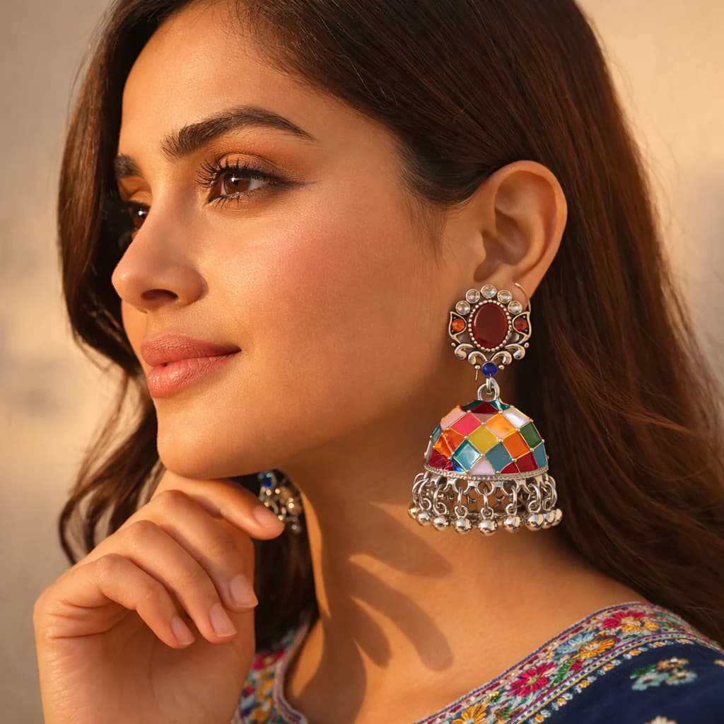 Multicolor Meenakari Jhumka - China Gold