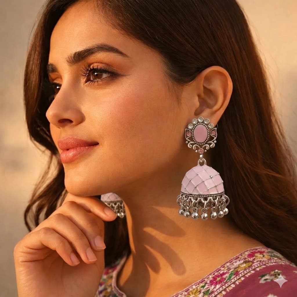Pink Flower Meenakari Jhumka - China Gold