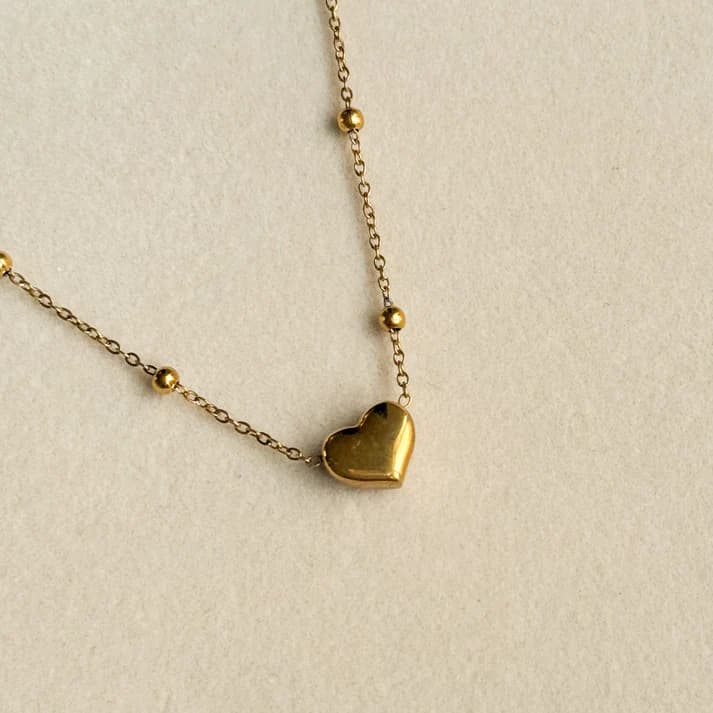 Heart Bead Chain Necklace - Stainless Steel