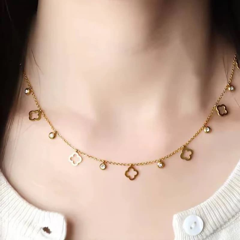 Crystal Hollow Clover Necklace - Stainless Steel
