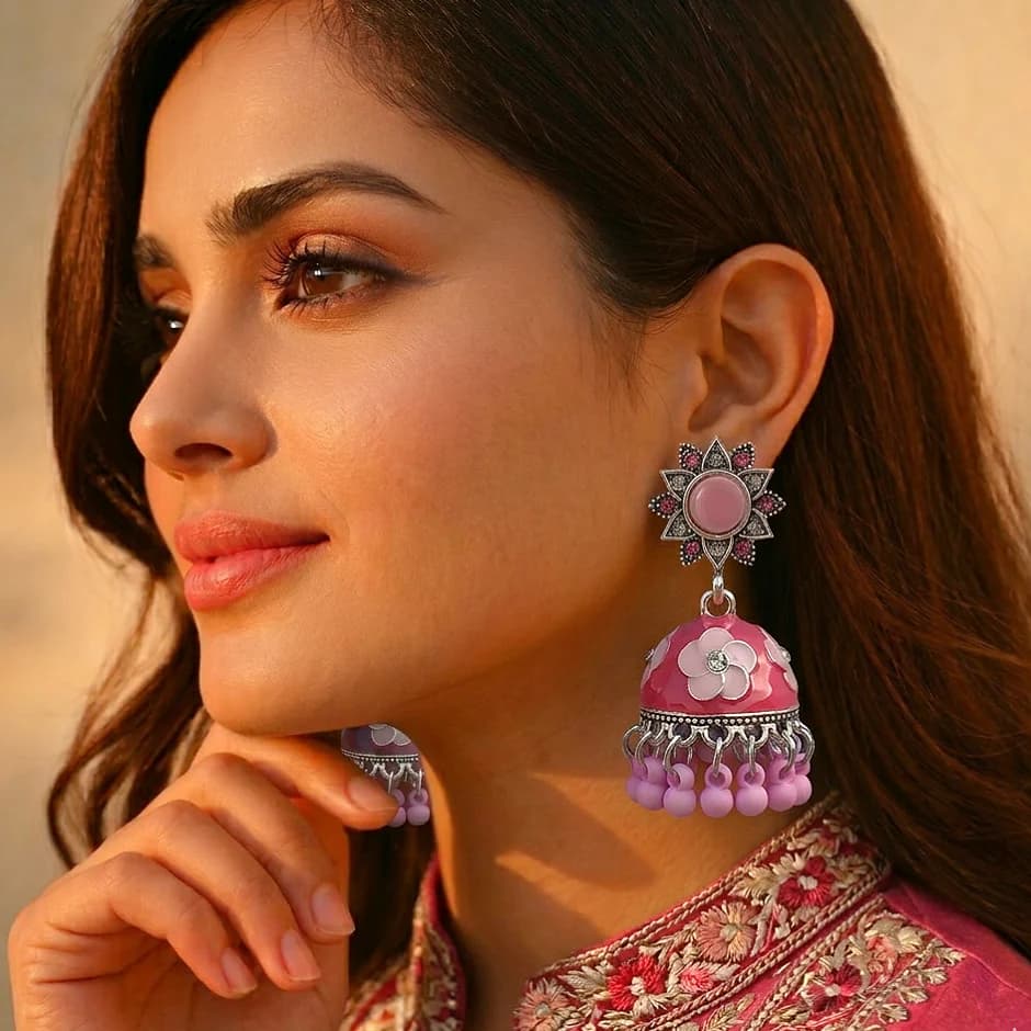 Pink Meenakari Jhumka - China Gold