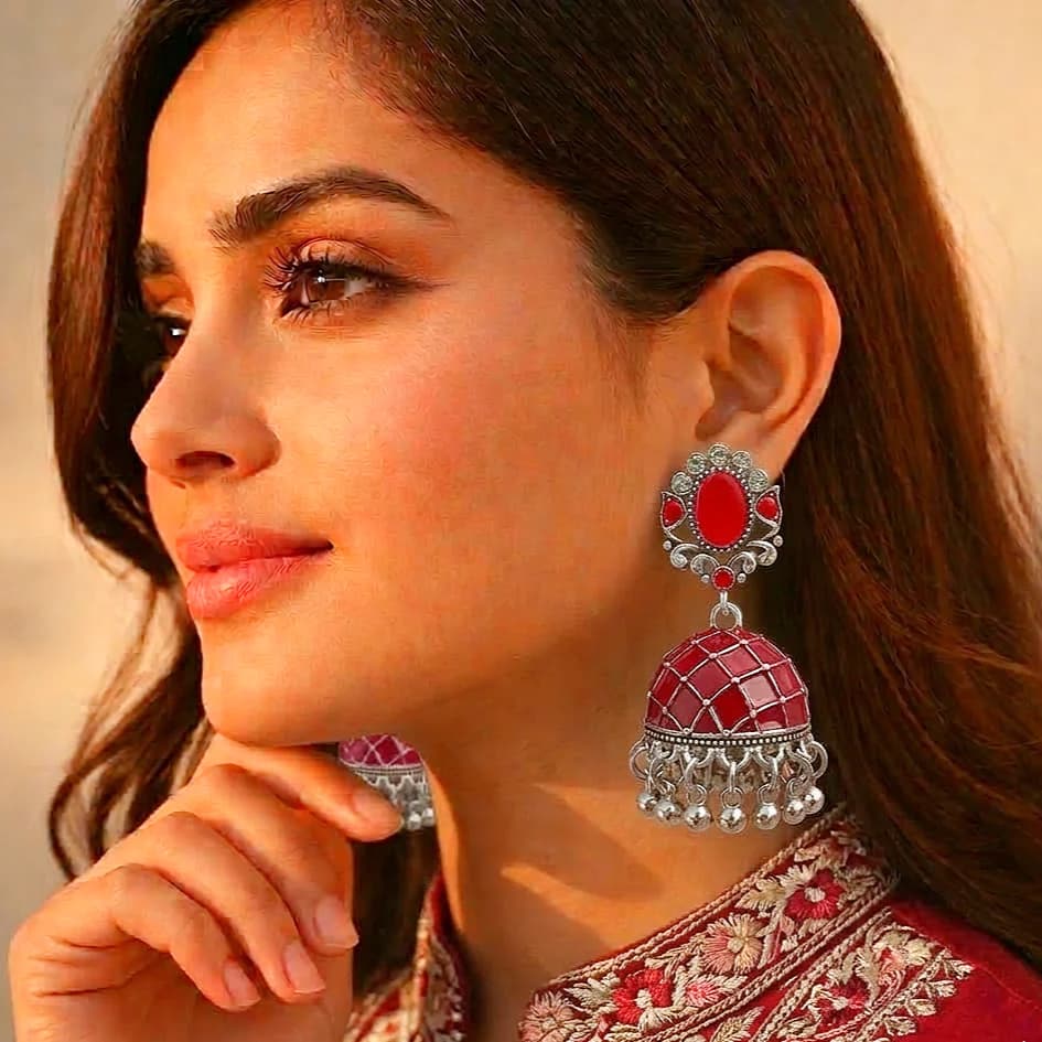 Dark Red Meenakari Jhumka - China Gold