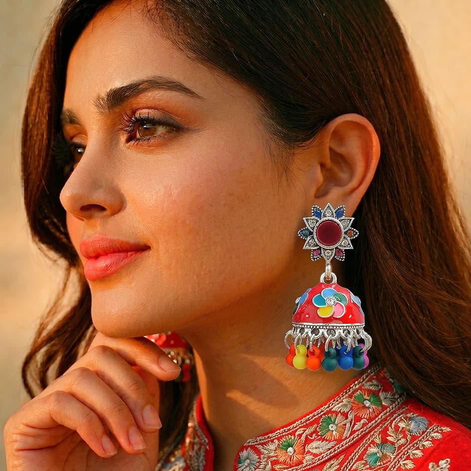 Multicolor Flower Meenakari Jhumka - China Gold