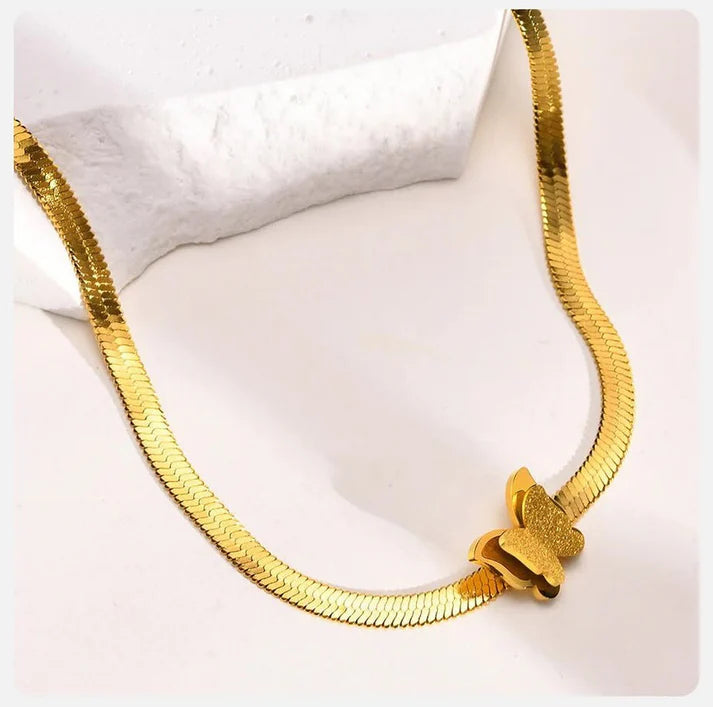 Double Butterfly Snake Chain Necklace - Stainless Steel