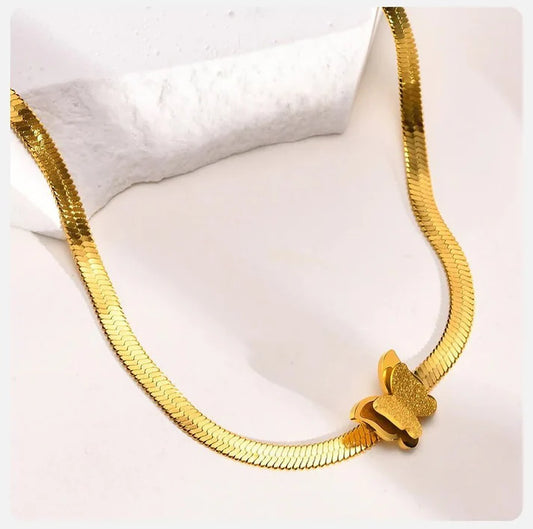 Double Butterfly Snake Chain Necklace - Stainless Steel