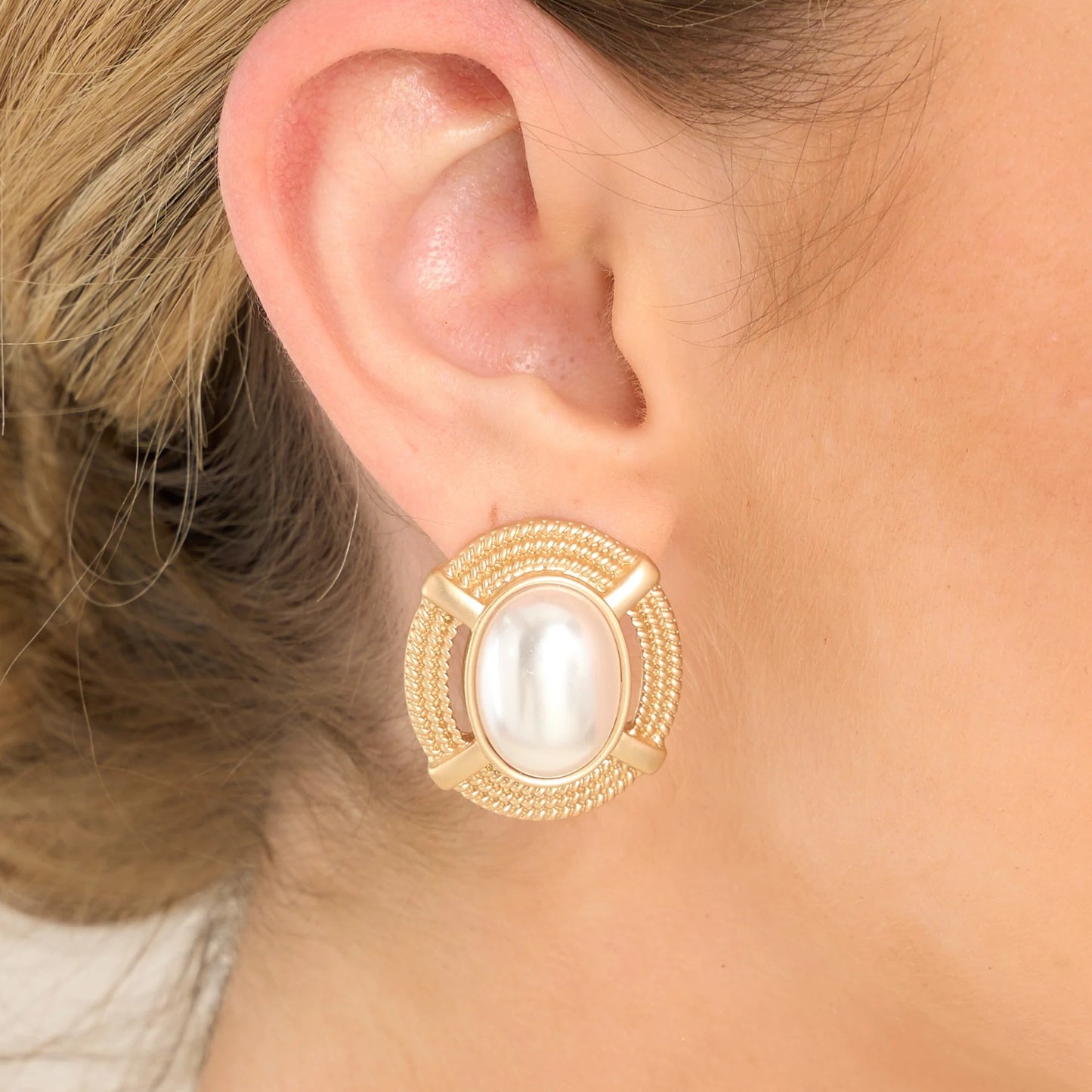 Oval Plated Pearl Earrings - Stainless Steel