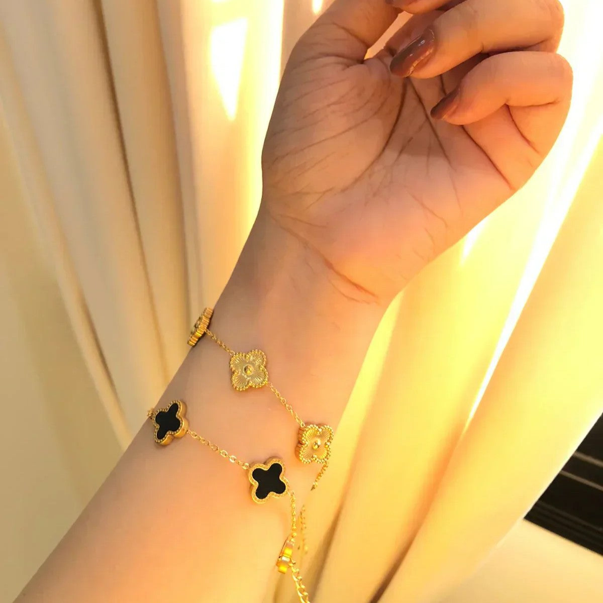 3 Clover Bracelets (Black + White + Golden)