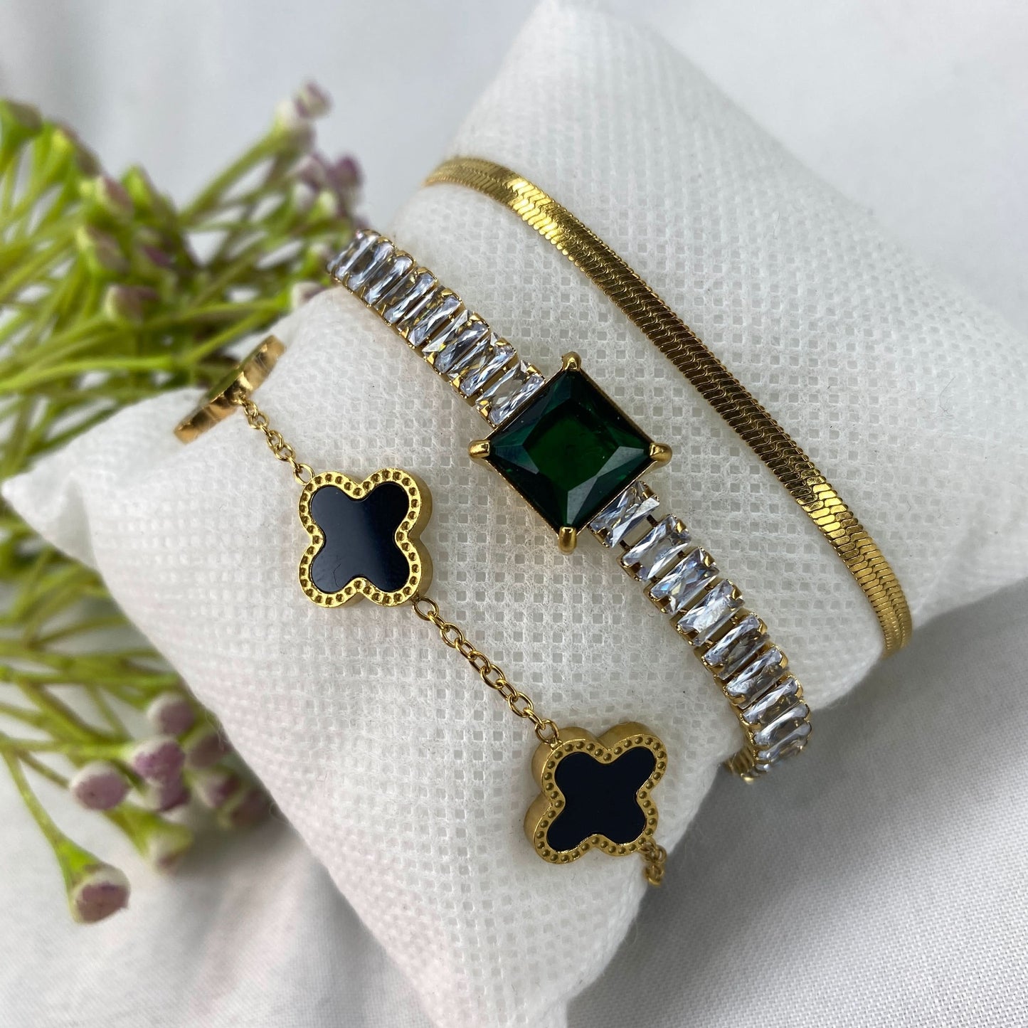 3 Bracelets (Snake + Emerald Tennis + Clover)