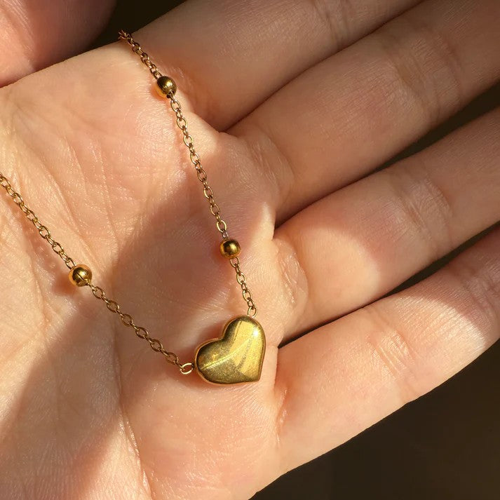Heart Bead Chain Necklace - Stainless Steel