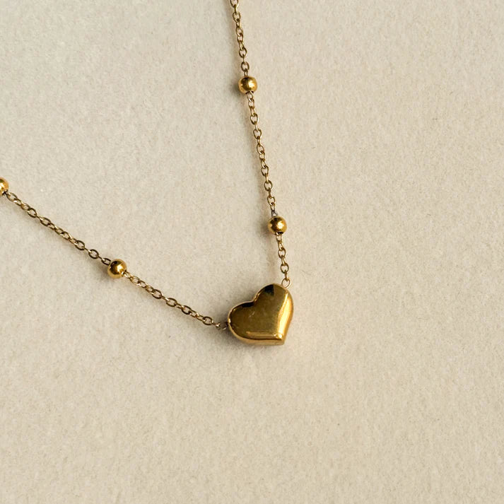 Heart Bead Chain Necklace - Stainless Steel