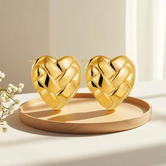Gold Quilted Heart Stud Earrings - Stainless Steel