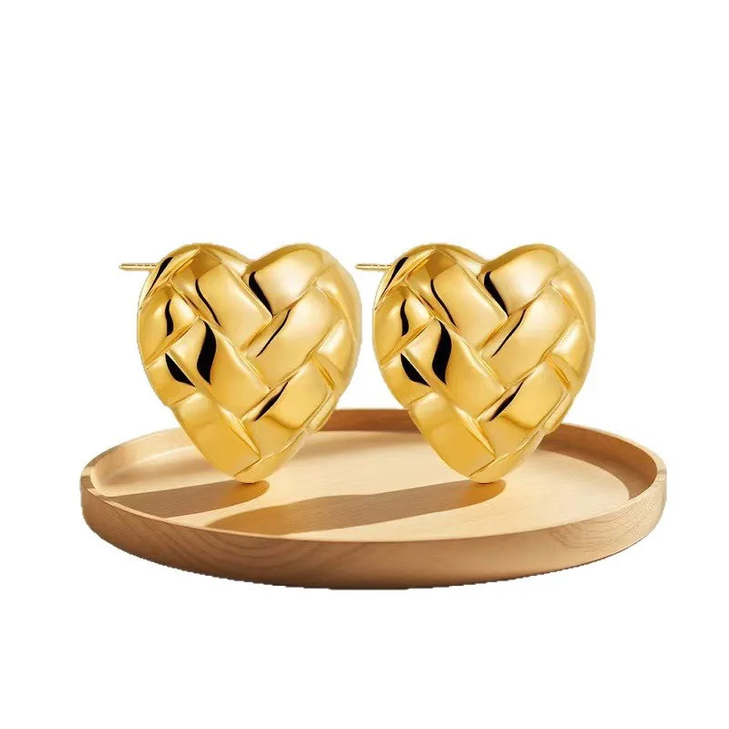 Gold Quilted Heart Stud Earrings - Stainless Steel