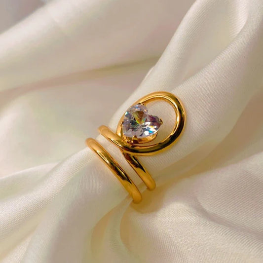 Gold Crystal Heart Adjustable Ring - Stainless Steel