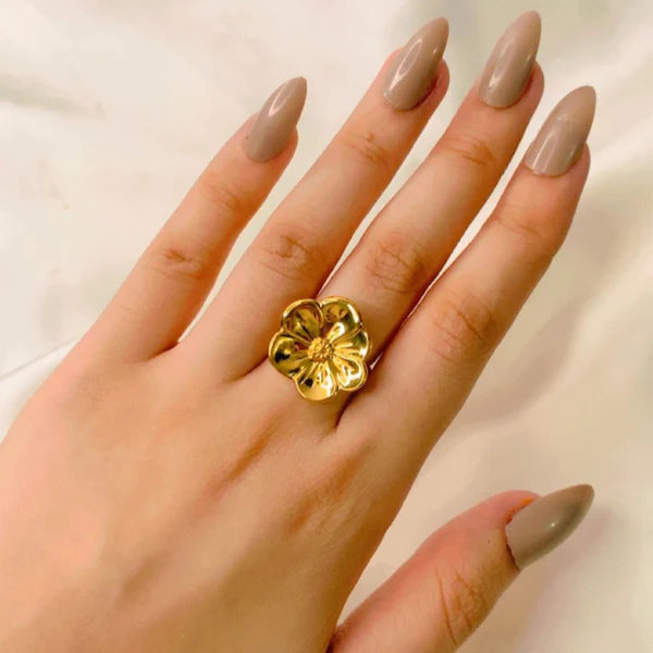 Gold Flower Adjustable Ring - Stainless Steel