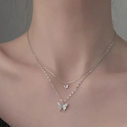 Double Layer Butterfly Necklace - Stainless Steel