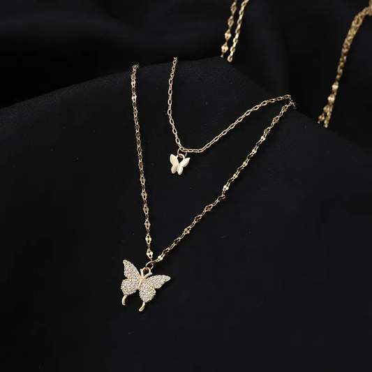 Double Layer Butterfly Necklace - Stainless Steel