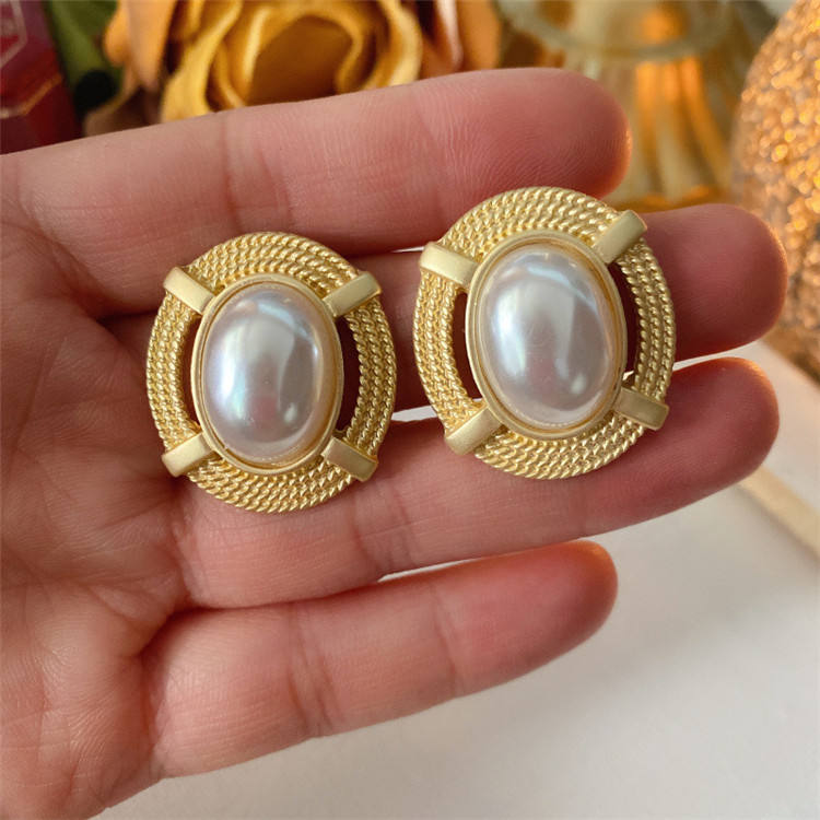 Oval Plated Pearl Earrings - Stainless Steel