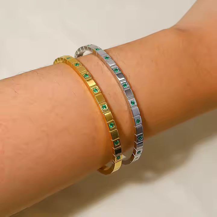 Green Cubic Zirconia Bangle - Stainless Steel