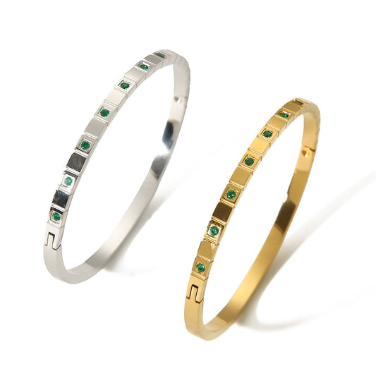 Green Cubic Zirconia Bangle - Stainless Steel