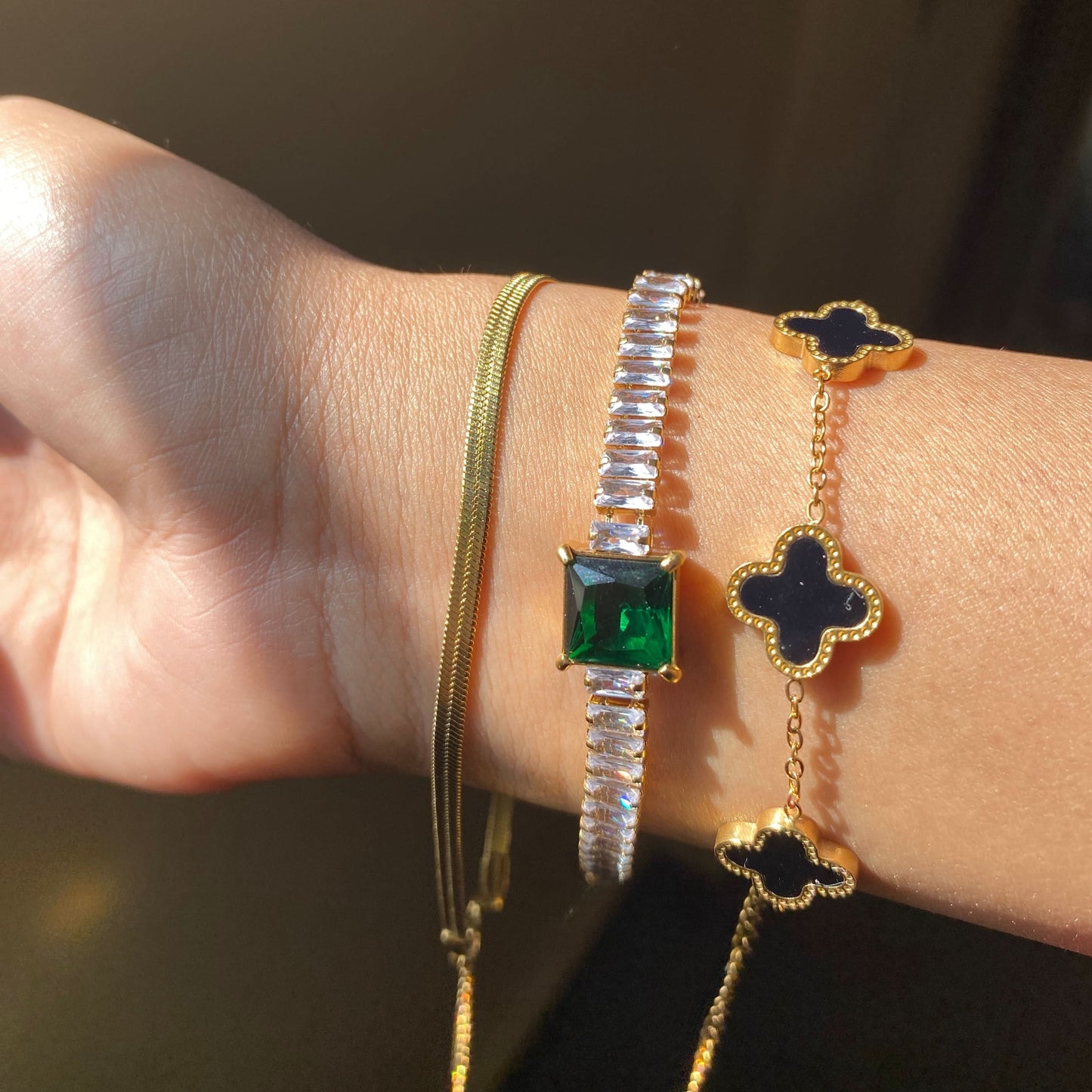 3 Bracelets (Snake + Emerald Tennis + Clover)
