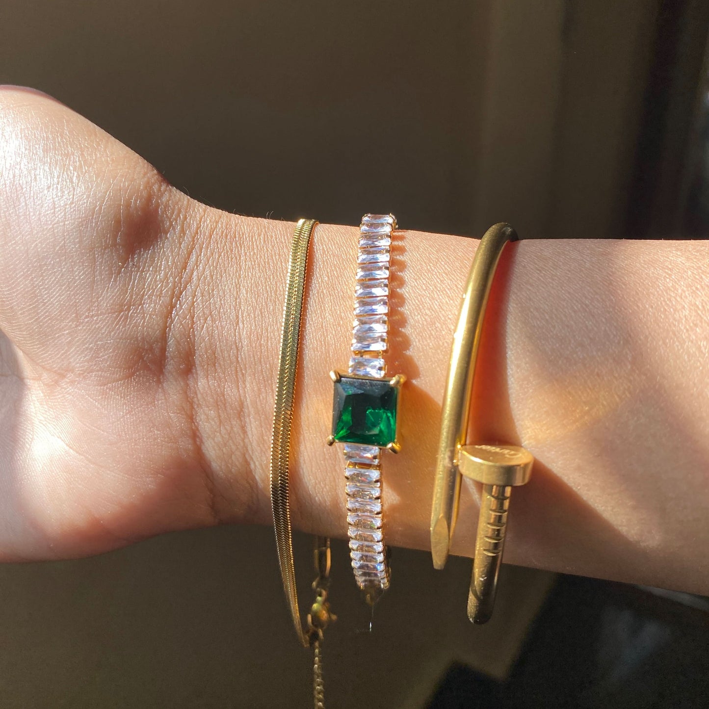 3 Bracelets (Snake + Emerald Tennis + Screw Nail)