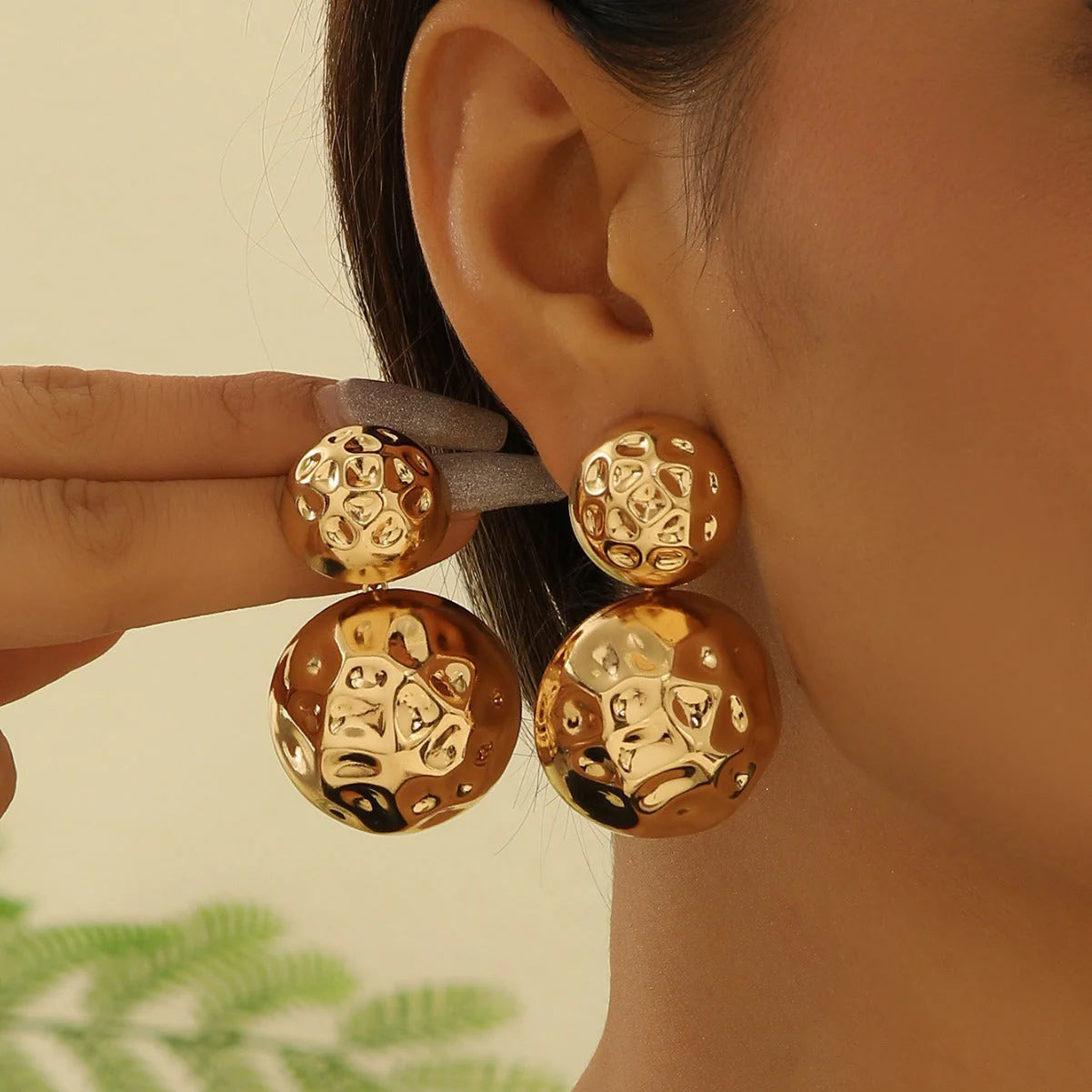 Hammered Half-Sphere Stud Earrings - Stainless Steel